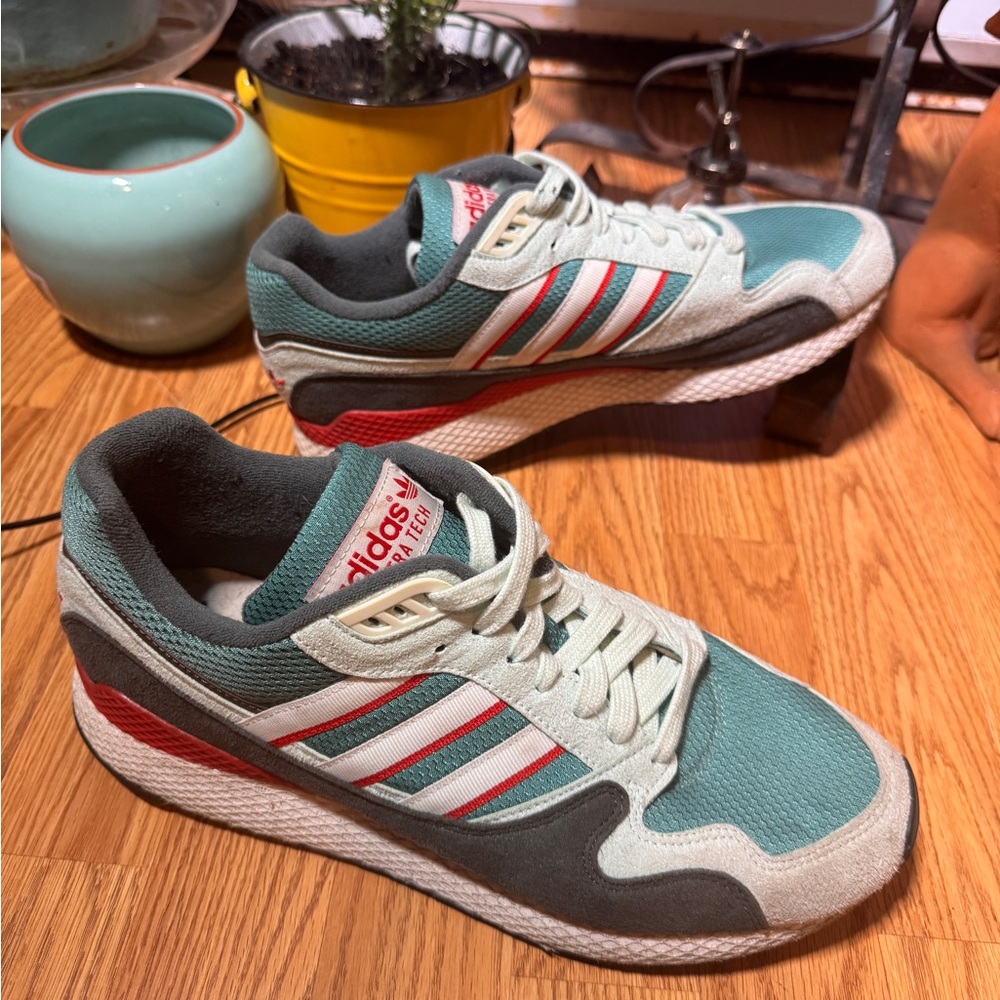 Adidas Ultra Tech in the True Green, Ftwr White, and Lush Red colorway.